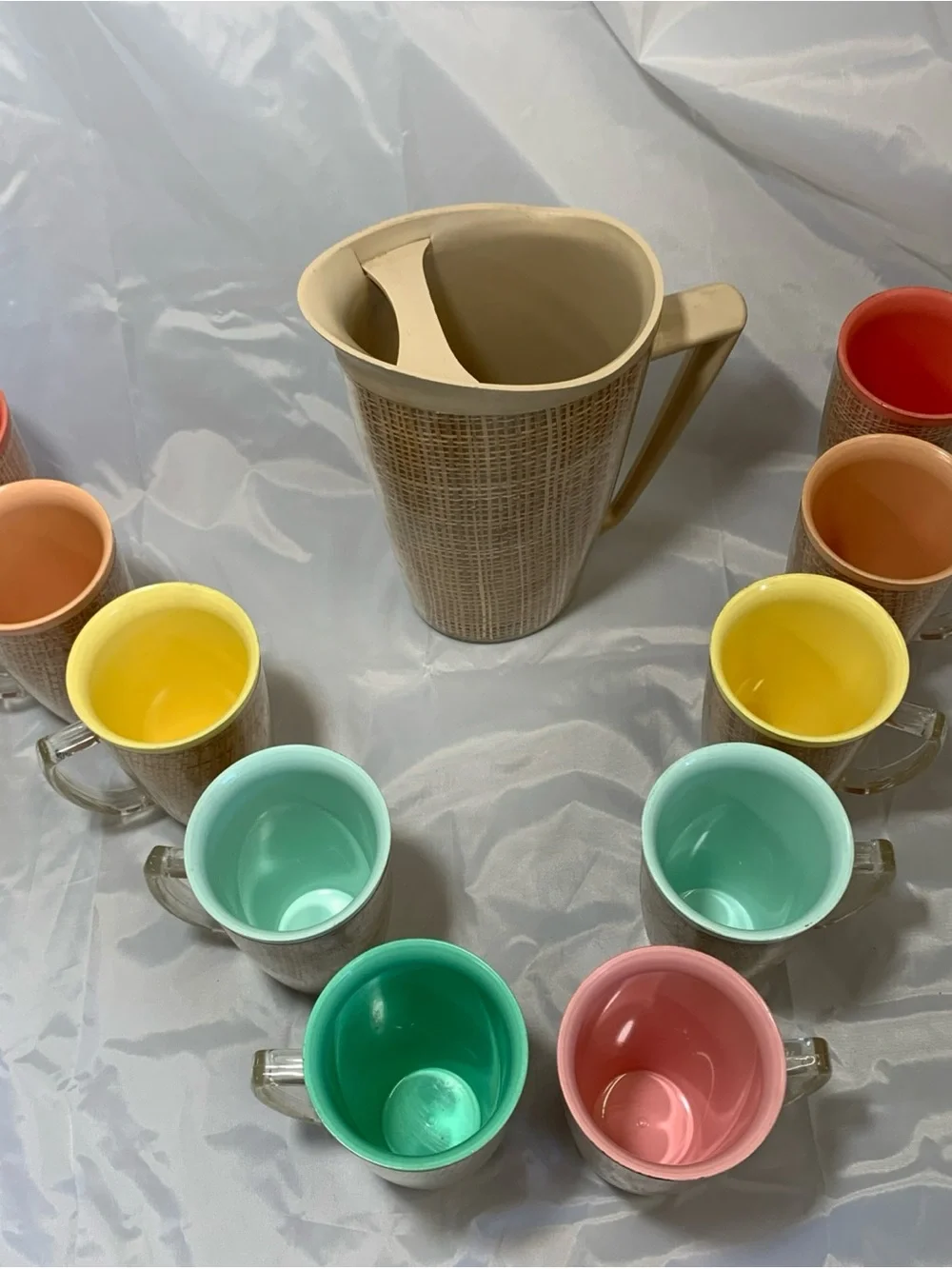 MCM Raffiaware Thermo-Temp Insulated 1 Pitcher 10 Handle Tumblers Burlap VTG